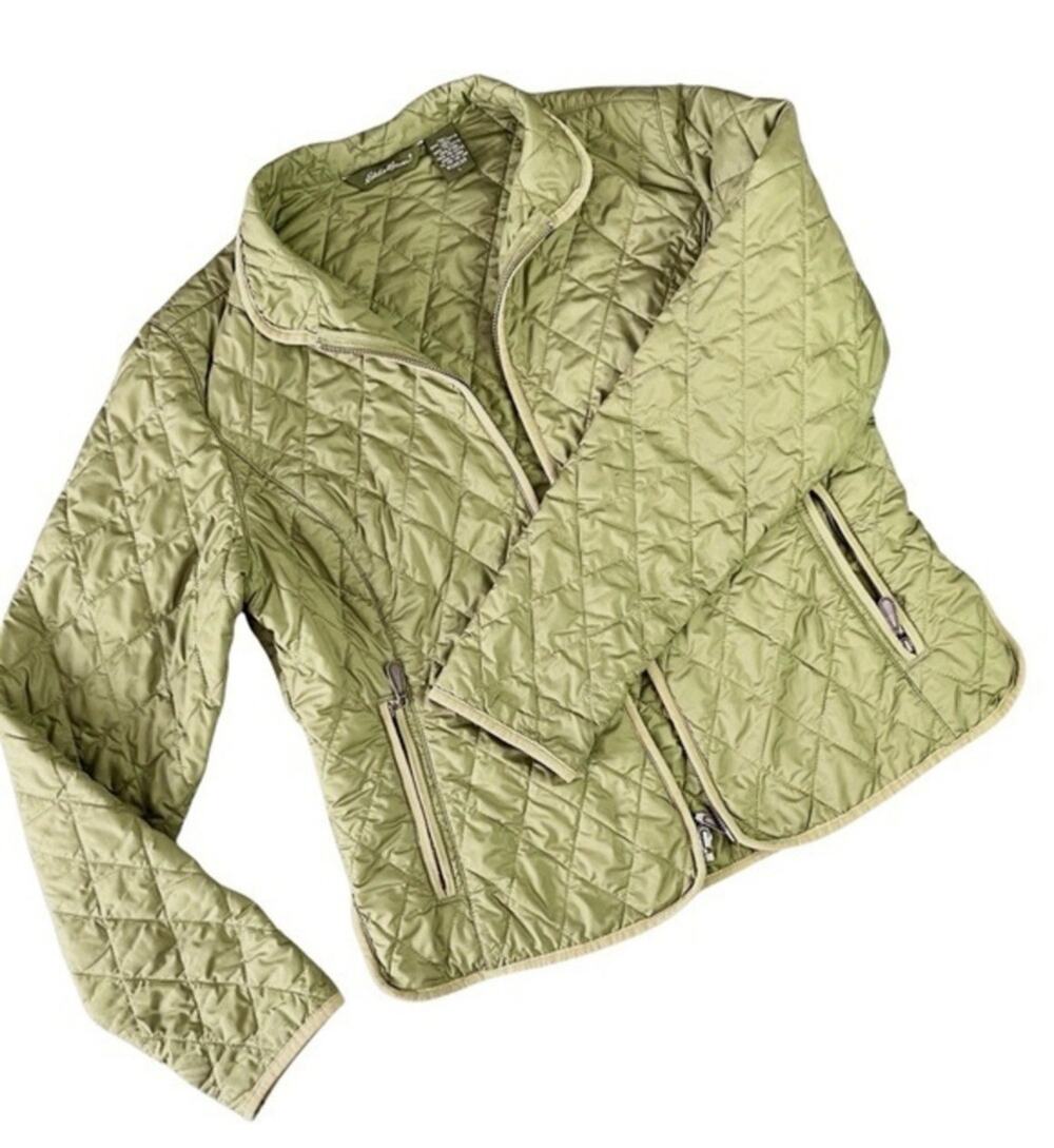 Eddie Bauer Mod Quilt Jacket Womans L Green Puffer Full Zip Buttoned Pockets